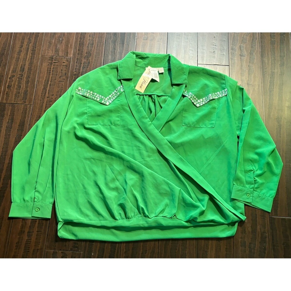 Gold Flava Blouse Womens 4X Plus Size Kelly Green Embellished Collar NEW
